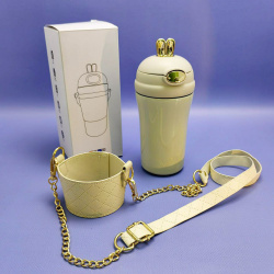 Термокружка "Зайка с ушками" 400 мл. / Термостакан из нержавеющей стали с чехлом, ремешком и трубочкой, Бежевый цвет